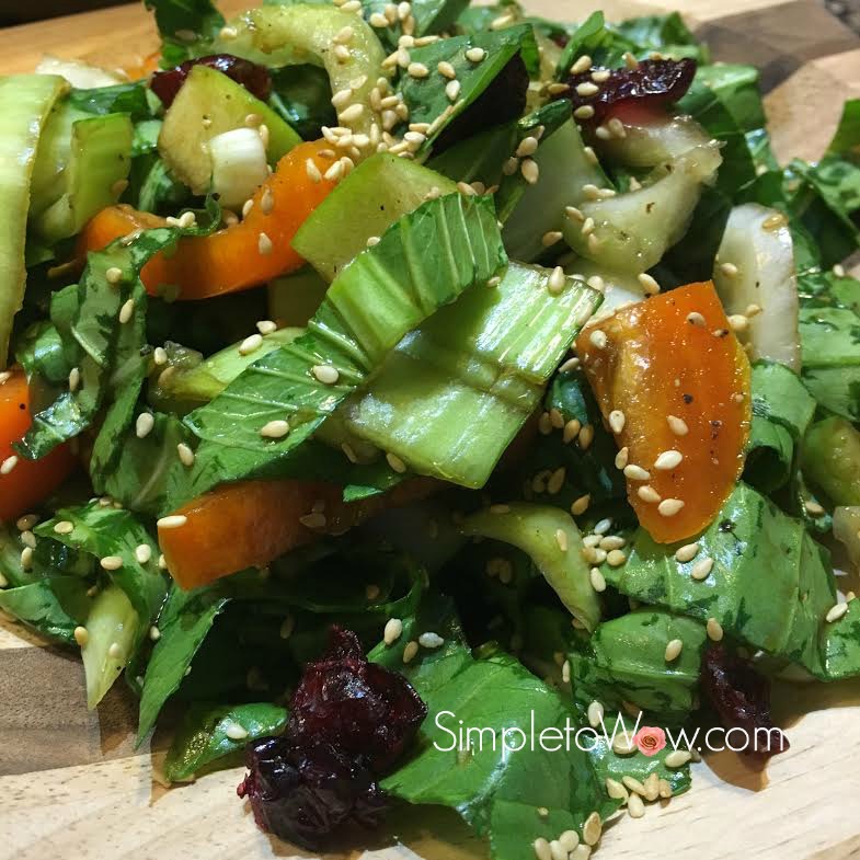 Simple, Colorful and Crunchy Baby Bok Choy Salad with Apples, Peppers, Tomatoes and Craisins