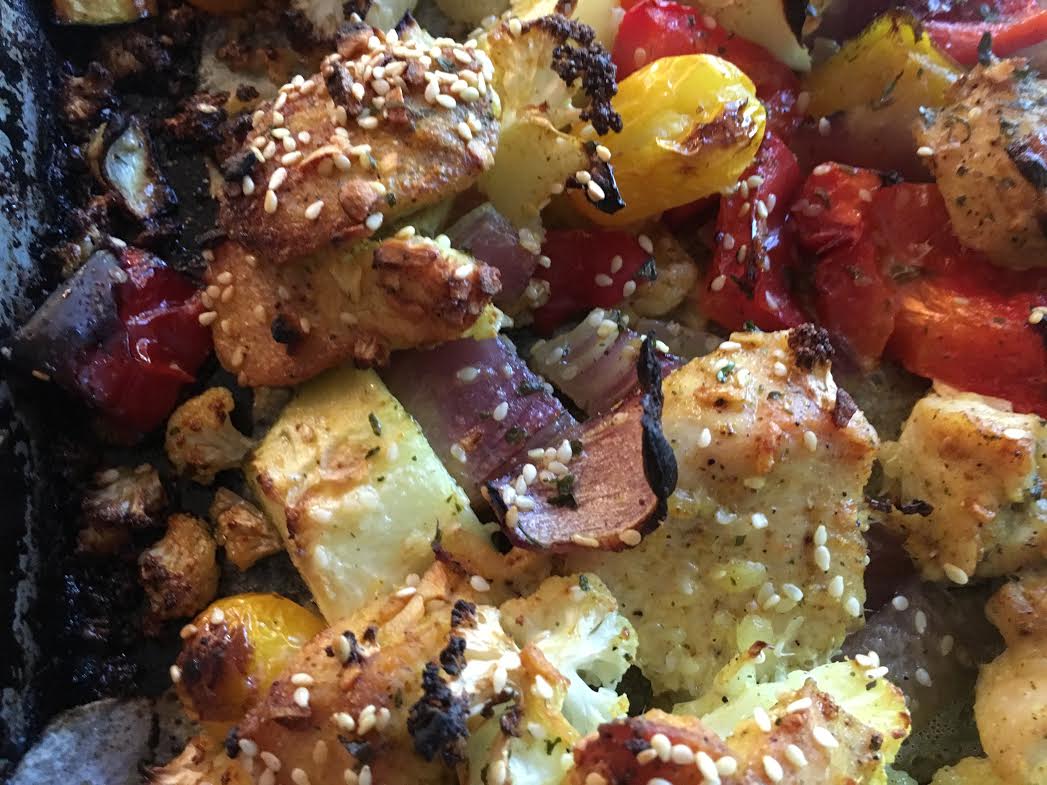 Simple Low-Carb One-Pan Shwarma Chicken with Rainbow Roasted Vegetables