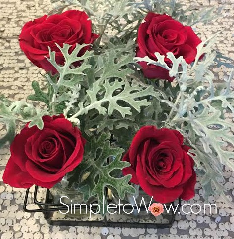red roses with dusty miller